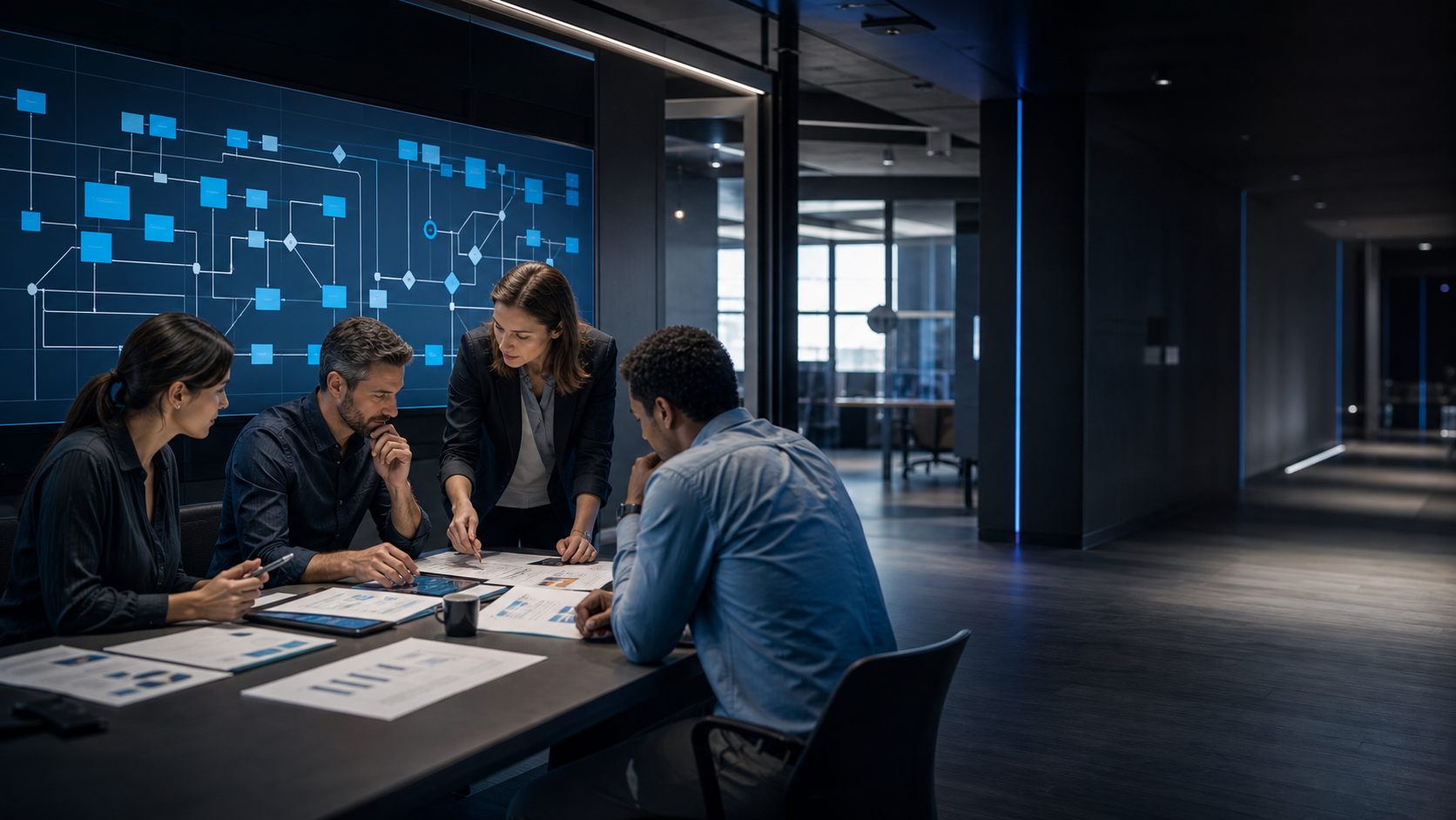 Operations team mapping an intelligent business workflow